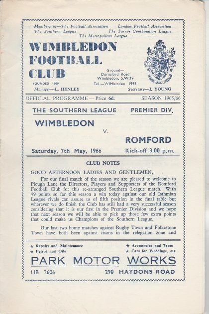 Wimbledon v Romford  07-May-1966