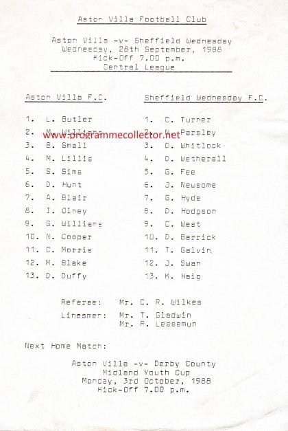 Aston Villa Reserves v Sheffield Wednesday Reserves 28-Sep-1988