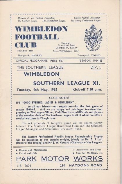 Wimbledon v Southern League XI   04-May-1965