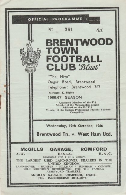 Brentwood Town v West Ham United   19-Oct-1966