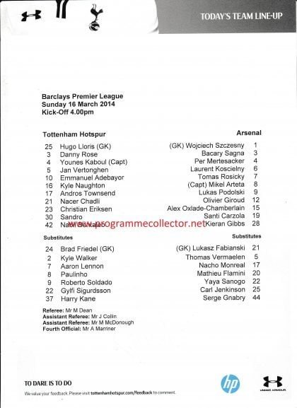 Tottenham Hotspur v Arsenal 16-Mar-2014