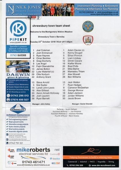 Shrewsbury Town v Barnsley  23-Oct-2018