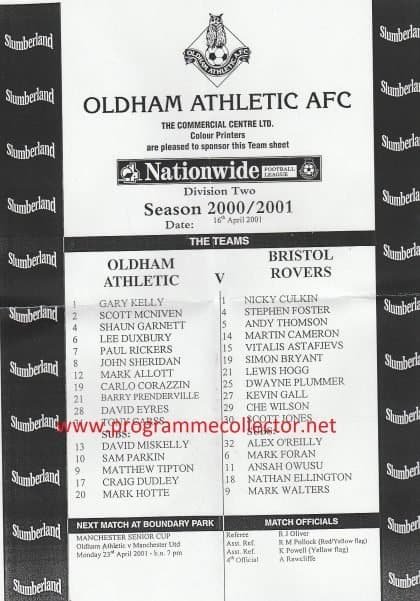 Oldham Athletic v Bristol Rovers  16-Apr-2001