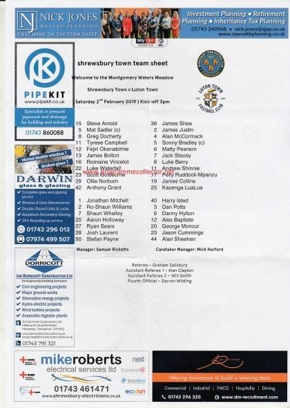 Shrewsbury Town v Luton Town  02-Feb-2019