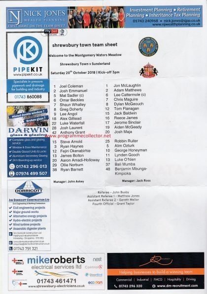 Shrewsbury Town v Sunderland  20-Oct-2018