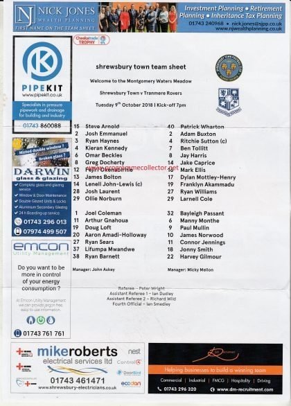 Shrewsbury Town v Tranmere Rovers  09-Oct-2018