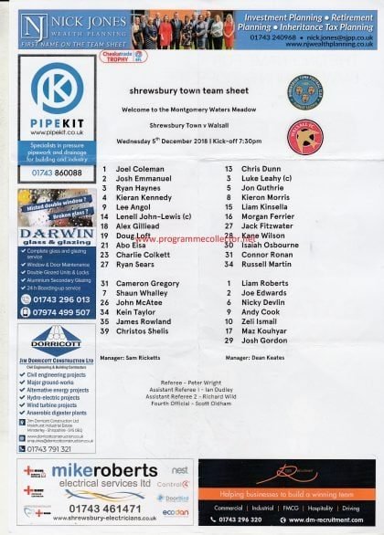 Shrewsbury Town v Walsall  05-Dec-2018