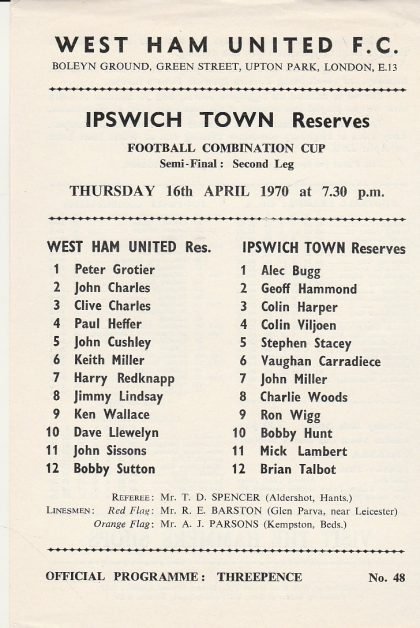 West Ham United Reserves v Ipswich Town Reserves  16-Apr-1970