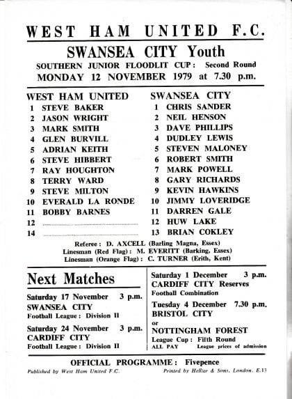 West Ham United Youth v Swansea City Youth 12-Nov-1979