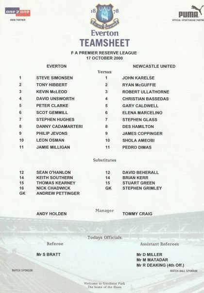 Everton Reserves v Newcastle United Reserves  17-Oct-2000