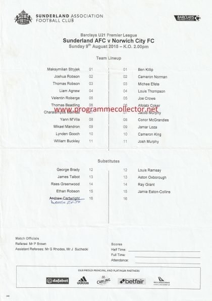 Sunderland u21 v Norwich City u21   09-Aug-2015