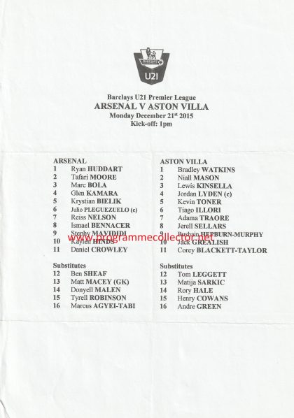 Arsenal u21 v Aston Villa u21   21-Dec-2015