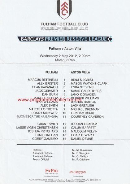 Fulham Reserves v Aston Villa Reserves   02-May-2012
