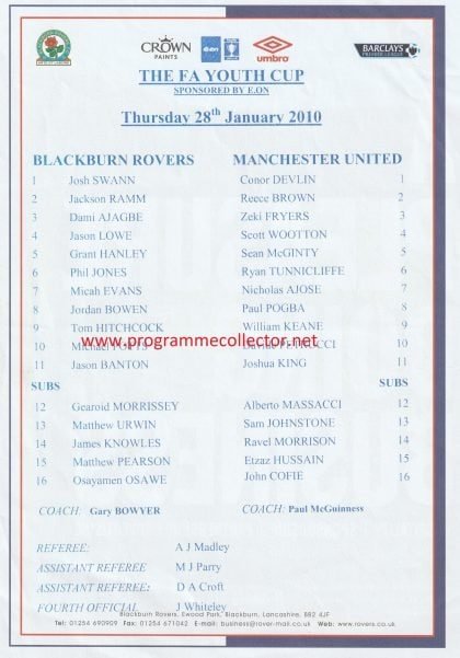 Blackburn Rovers Youth v Manchester United Youth  28-Jan-2010