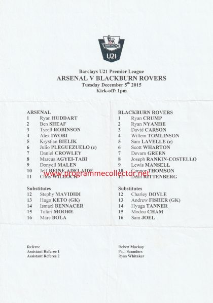 Arsenal u21 v Blackburn Rovers u21   05-Dec-2015