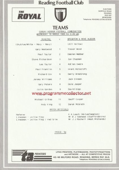 Reading Reserves v Brighton and Hove Albion Reserves 16-Mar-1988