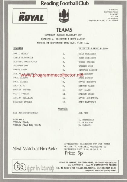 Reading Youth v Brighton and Hove Albion Youth 21-Sep-1987
