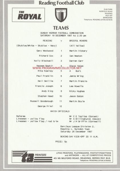 Reading Reserves v Bristol Rovers Reserves  19-Dec-1987
