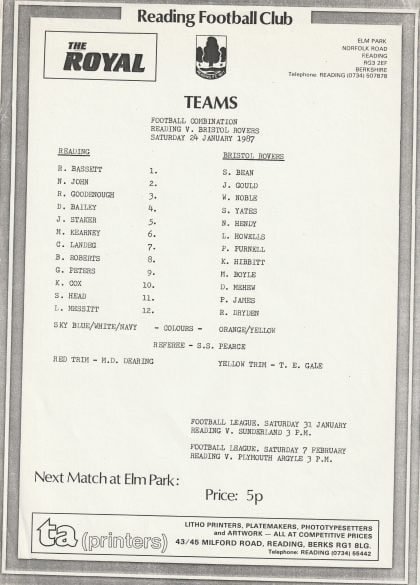 Reading Reserves v Bristol Rovers Reserves  24-Jan-1987