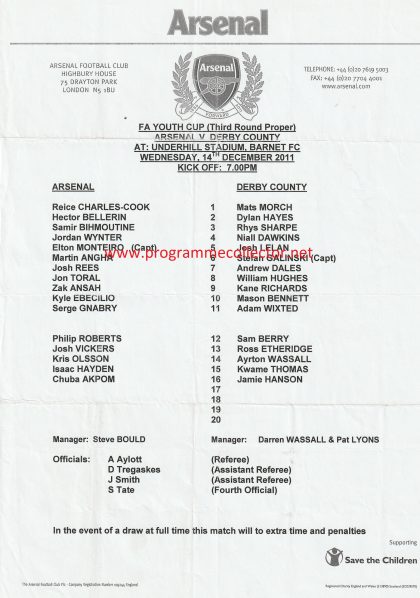 Arsenal Youth v Derby County Youth  14-Dec-2011
