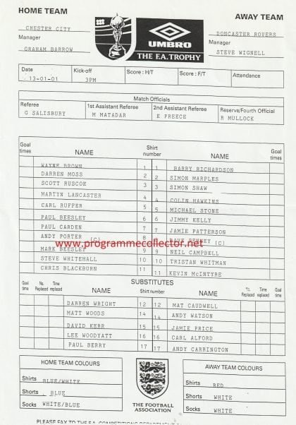 Chester City v Doncaster Rovers  13-Jan-2001