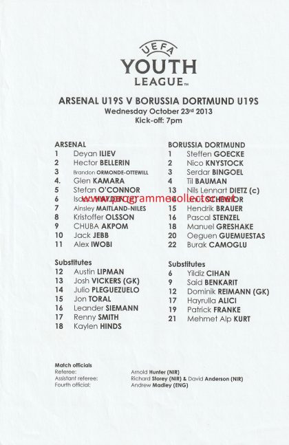 Arsenal u19 v Borussia Dortmund u19   23-Oct-2013