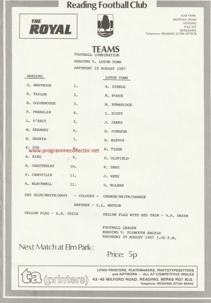 Reading Reserves v Luton Town Reserves  22-Aug-1987