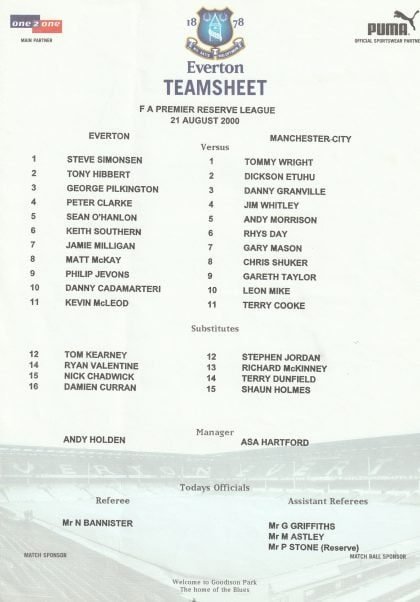 Everton Reserves v Manchester City Reserves  21-Aug-2000