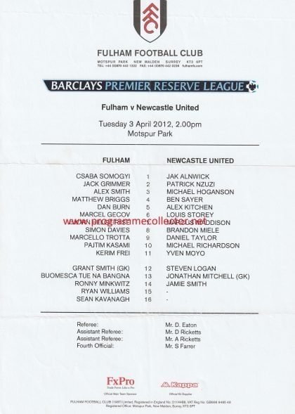 Fulham Reserves v Newcastle United Reserves   03-Apr-2012