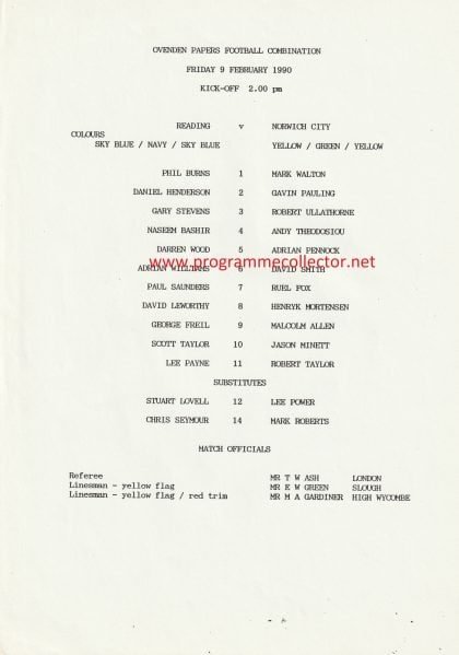 Reading Reserves v Norwich City Reserves  09-Feb-1990