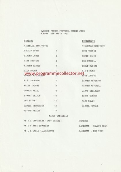 Reading Reserves v Portsmouth Reserves  12-Mar-1990