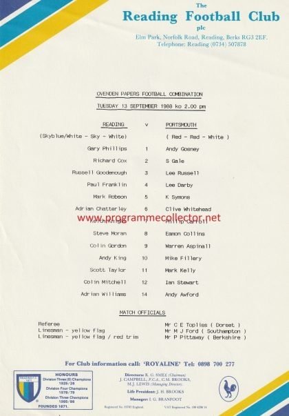 Reading Reserves v Portsmouth Reserves  13-Sep-1988