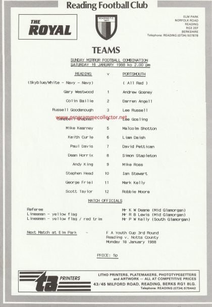 Reading Reserves v Portsmouth Reserves 16-Jan-1988