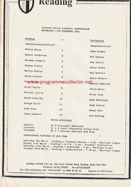 Reading Reserves v Portsmouth Reserves  27-Feb-1991