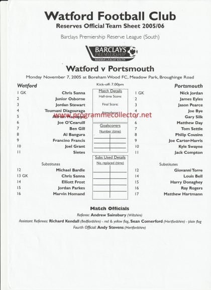 Watford Reserves v Portsmouth Reserves  07-Nov-2015