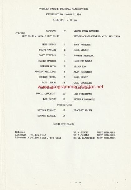 Reading Reserves v Queens Park Rangers Reserves  10-Jan-1990