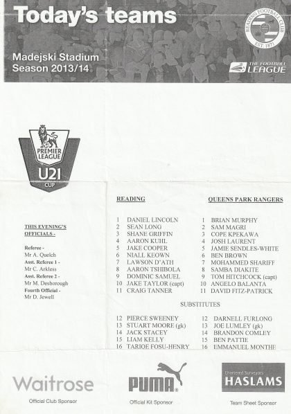 Reading u21 v Queens Park Rangers u21  2013-14
