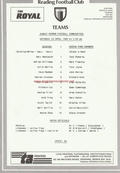 Reading Reserves v Queens Park Rangers Reserves 23-Apr-1988