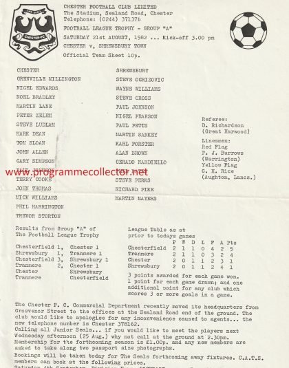 Chester v Shrewsbury Town 21-Aug-1982