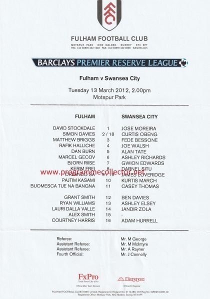 Fulham Reserves v Swansea City Reserves   13-Mar-2012