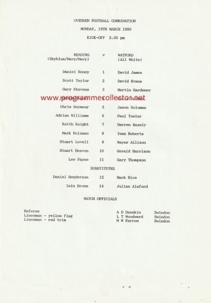 Reading Reserves v Watford Reserves  19-Mar-1990