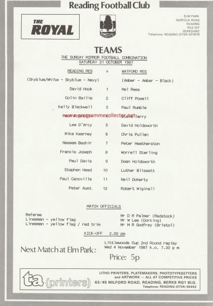 Reading Reserves v Watford Reserves  31-Oct-1987