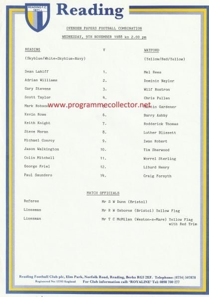 Reading Reserves v Watford Reserves  09-Nov-1988