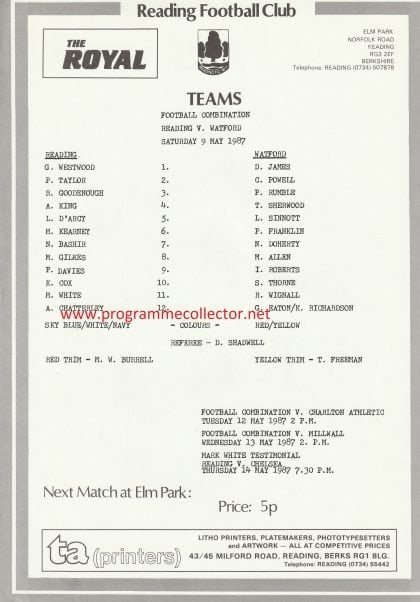 Reading Reserves v Watford Reserves  09-May-1987