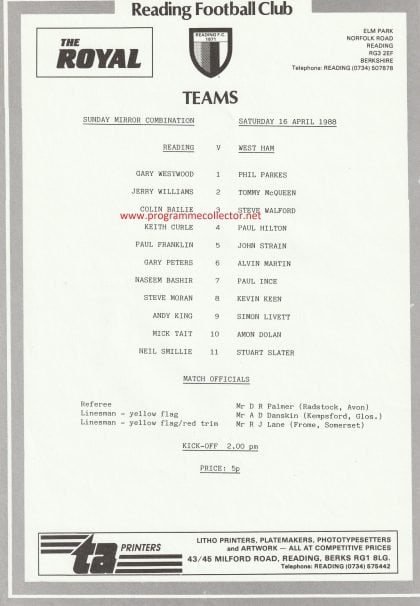 Reading Reserves v West Ham United Reserves  16-Apr-1988