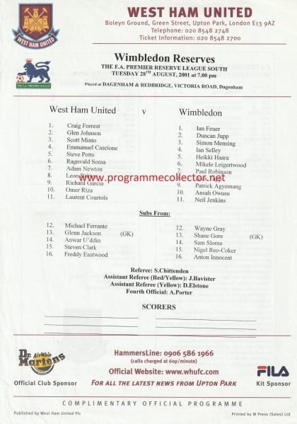 West Ham United Reserves v Wimbledon Reserves   28-Aug-2001