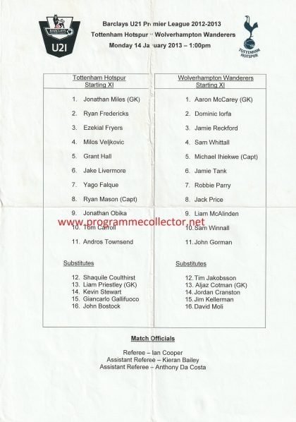 Tottenham Hotspur u21 v Wolverhampton Wanderers u21   14-Jan-2013