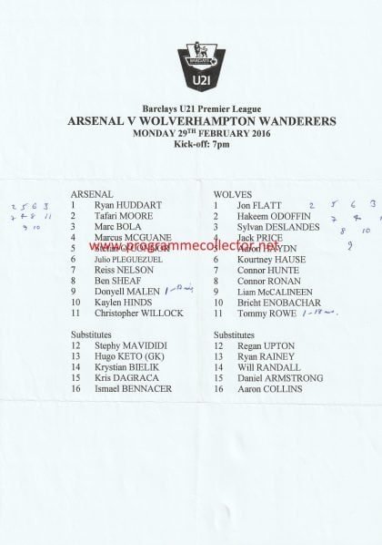 Arsenal u21 v Wolverhampton Wanderers u21  29-Feb-2016