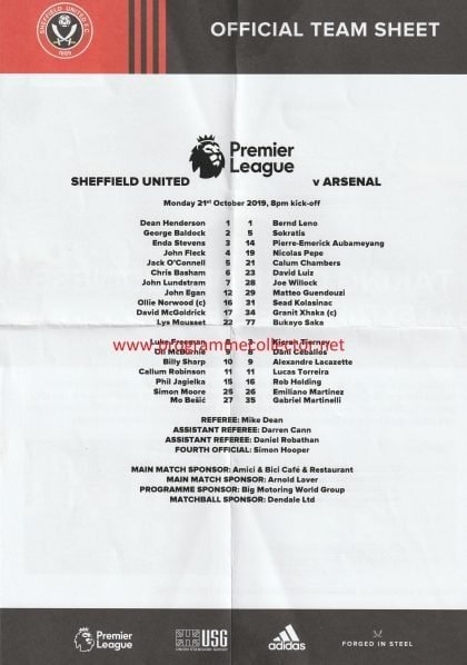 Sheffield United v Arsenal 21-Oct-2019