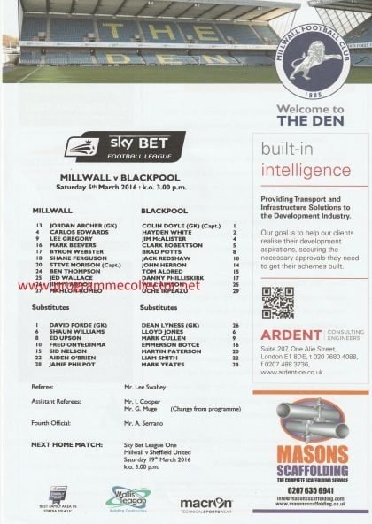 Millwall v Blackpool 05-Mar-2016